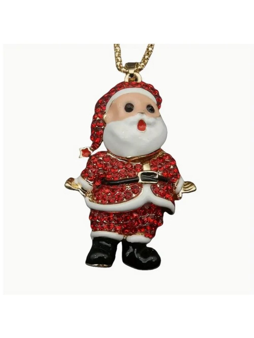 Necklace Christmas Santa Claus Pendant Red Crystals & Enamel Gold Tone